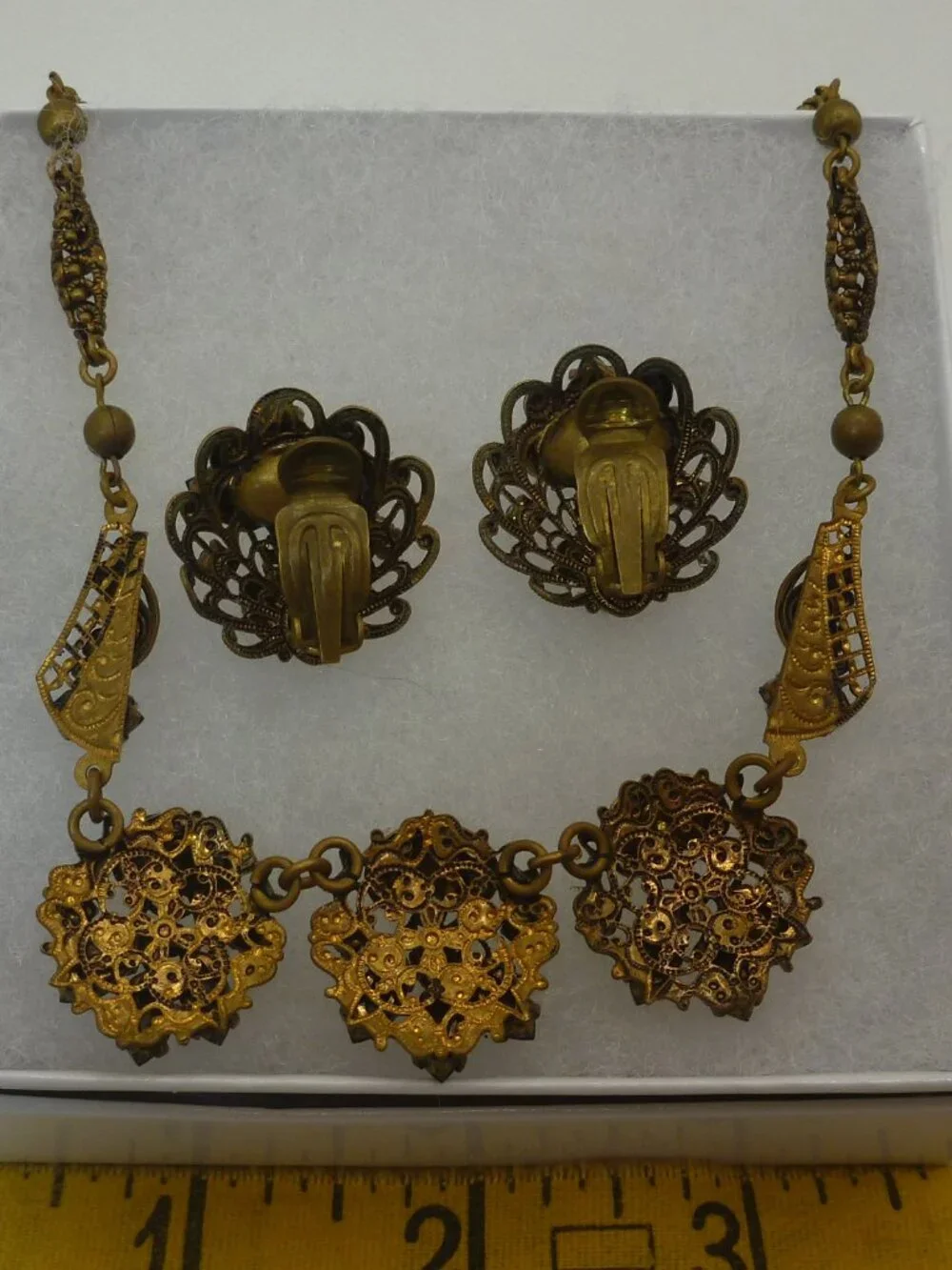Vintage West Germany Blue Rhinestone Filigree Necklace & Earring Set Demi Parure